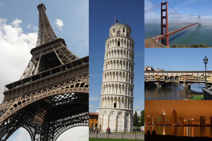 Eiffel Tower, Leaning Tower of Pizza, Golden Gate Bridge, Florence, San Diego